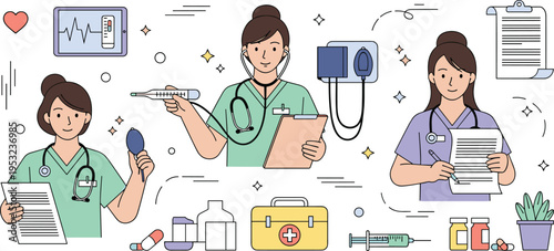 Flat line art vector illustration of female nurses and doctors with medical equipment, stethoscope, clipboard, thermometer, and medicine