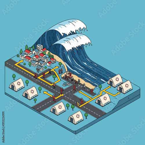 Illustration depicting a tsunami devastating a coastal town, with emergency tents set up.
