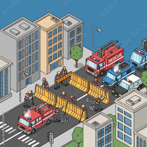 Isometric illustration depicting a city street scene with emergency vehicles and personnel responding to an incident.