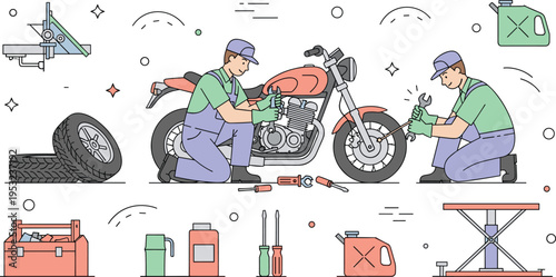 Professional mechanics repairing a motorcycle with tools featuring engine maintenance tire replacement and garage equipment in flat line art style