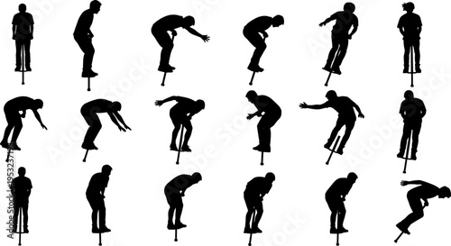 Unicycle rider silhouette poses vector illustration set, extreme balance sport action icons, freestyle acrobat tricks, dynamic motion collection isolated on white background