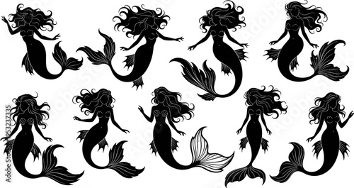Mermaid vector illustration set, black and white fantasy silhouettes, underwater mythical sirens poses, flowing hair tails, decorative ocean folklore design
