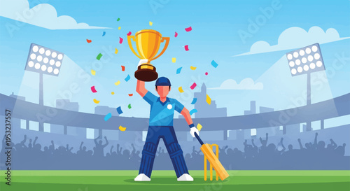 Cricket player celebrates victory with trophy on green field in stadium