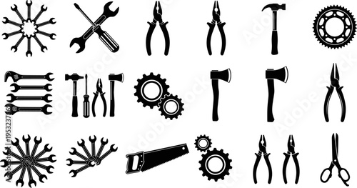 Set of hand tool silhouettes including wrench pliers hammer axe and gears, black mechanic repair tools vector collection for workshop industry, icon, illustration use