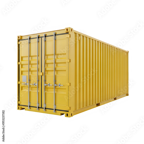 Yellow shipping container with closed doors isolated on transparent background