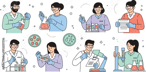 Diverse group of professional scientists conducting laboratory experiments with beakers microscopes and chemical research tools vector illustration set