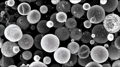 A high magnification scanning electron microscope image reveals a clustered arrangement of metal particles against a stark dark backdrop surface.