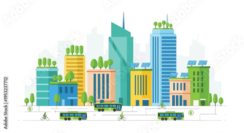 Vibrant cityscape with modern architecture and transportation on a sunny day featuring buildings and buses