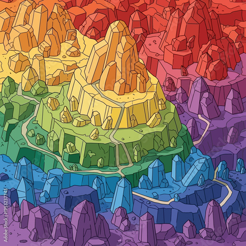 A vibrant illustration showcasing a colorful landscape with crystalline formations and a central mountain.