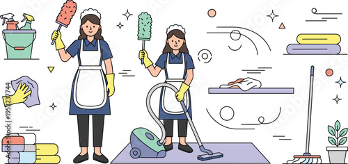 Professional housekeepers and cleaning service vector set with maids using vacuum cleaners dusters and supplies in flat line art style