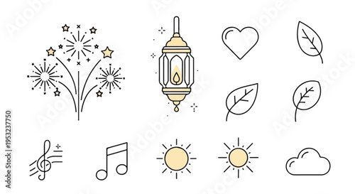 A festive scene with fireworks exploding near a lantern surrounded by leaves and music notes under sunny skies.