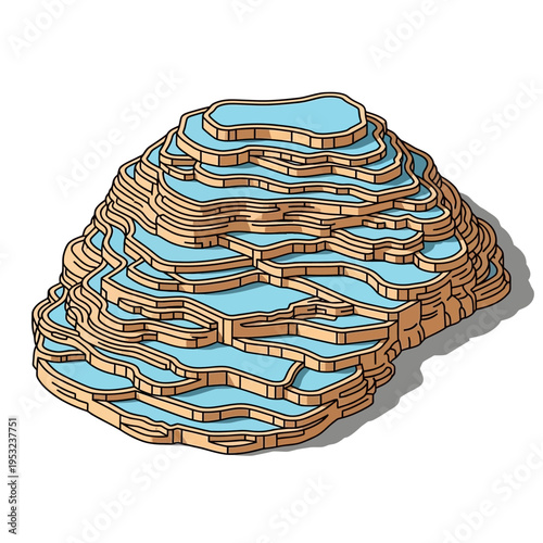 An illustrated depiction of a terraced hot spring formation with blue water and brown edges.