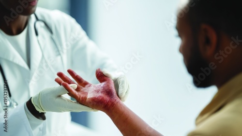 A doctor examines a man's injured arm in a clinical setting. The doctor is African American, wearing gloves and a white coat. The patient is a middle-aged man with a visible burn on his wrist.