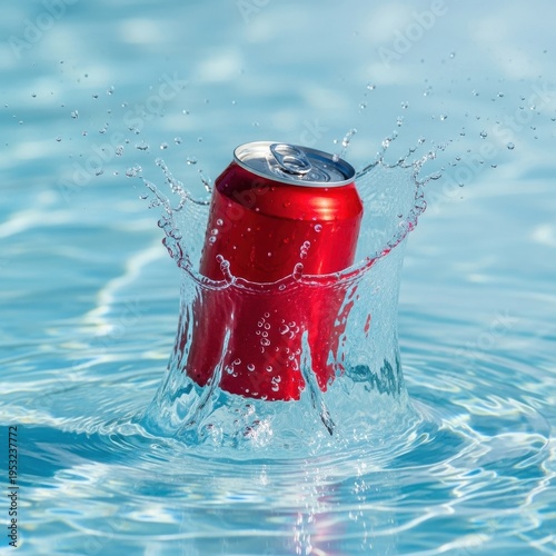 A red soda can sinking into a body of water with splashing droplets