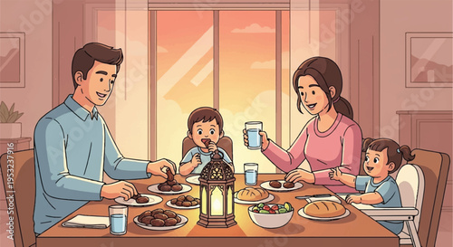 Family enjoys dinner together at home with food and drinks on the table