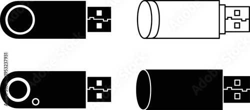 USB flash drive silhouettes vector illustration set, portable memory storage devices collection, data transfer hardware icons isolated on white background, modern technology design