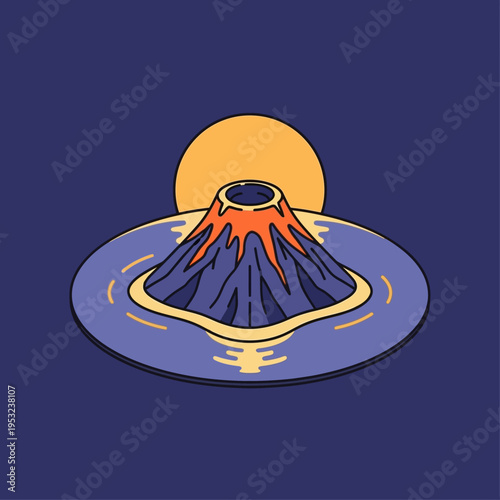 Illustration of a volcano erupting in the middle of a calm ocean with a sunset.