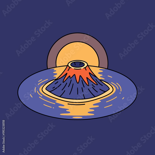 Illustration of a volcanic island with an erupting volcano in the middle of the ocean.
