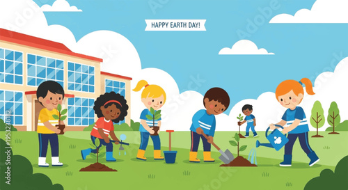 Children planting trees outside school on Earth Day celebration