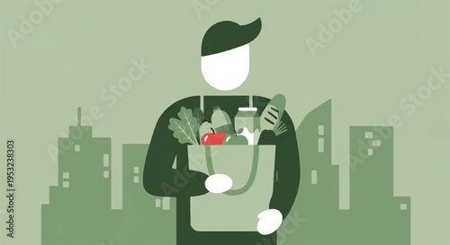 Man holds plants in city with green background and buildings