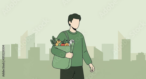 Man carrying grocery bag with fresh produce in city environment