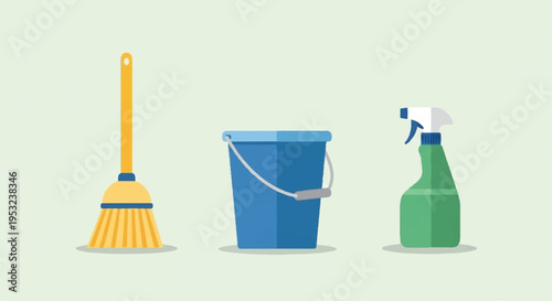 Cleaning tools arranged on a light green surface with a broom bucket and spray