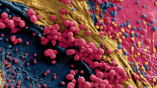 A vividly colored scanning electron microscope image reveals intricate details of biological cells and microorganisms at high magnification.