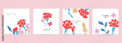 母の日のカーネーションデザインポストカード。カーネーションの母の日背景。
Mother's Day carnation design postcard. Carnation background for Mother's Day.
