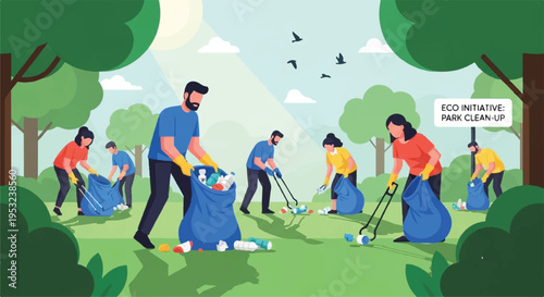 People participate in a community park clean-up event with bags and tools