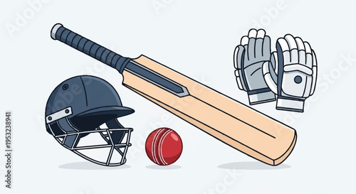 Cricket equipment illustration including bat, helmet, ball, and gloves on display