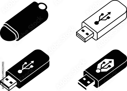 USB flash drive vector illustration, memory stick icons set, black and white device silhouettes, data storage technology design, minimalist modern collection