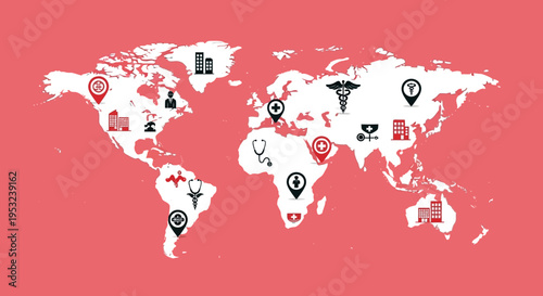 Global healthcare network map with medical icons and building symbols spread across continents.