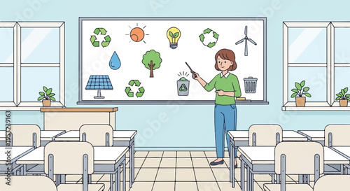 Teacher explains sustainable energy sources to students in a classroom