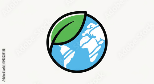 A graphic illustration of Earth with a green leaf on a white background