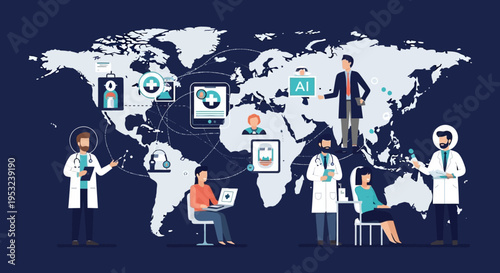 Global healthcare network connecting doctors, patients, and AI technology across the world map, illustrating digital health and telemedicine.
