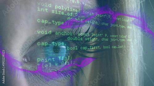 Woman opening eye while magenta particle sweeping, causing green code scrolling over iris for tech