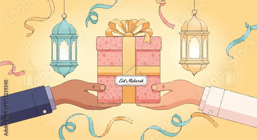 Two hands giving and receiving a gift with lanterns around