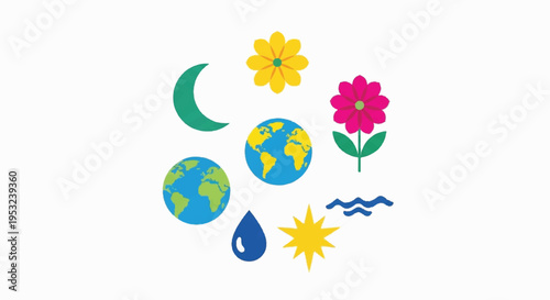 Earth surrounded by water, sun, moon, flowers and waves in space