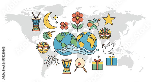 The world celebrates with diverse cultural symbols and gifts on a map