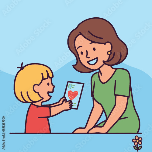 Child gives mother handmade card with heart drawing.