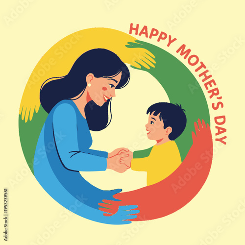 Happy Mothers Day loving mother holding childs hands.