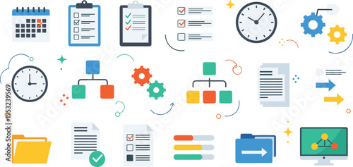 Professional project management and business organization icon set with calendar checklist flowcharts gears and time management vector illustration