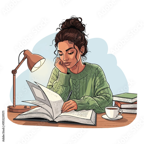 Woman studies intently with a book, resting on her hand at a desk with a lamp and cup of coffee.
