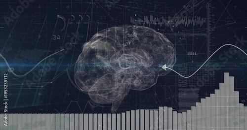 Data feed driving 3D brain rotating,pulsing as HUD rings locking region, bars showing health data