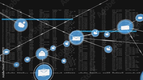 Central envelope sparking node spawn, icons linking via lines across black field for tech data flow