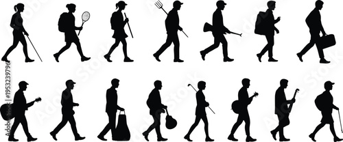 Collection of walking people silhouettes with tools bags instruments vector illustration lifestyle activity characters set isolated on white background