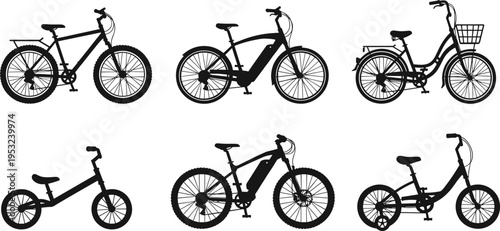 Various bicycle silhouettes vector set, electric mountain cruiser and tricycle bikes collection for urban cycling transport, black icons isolated on white background