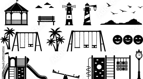 Vector Black Silhouette Set of Park and Beach Elements, Including Swings, Slides, Lighthouse, Bench, Gazebo, and Play Equipment, Concept of Recreation and Outdoors