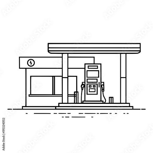 Illustration of a gas station with a convenience store in a minimalist black and white line drawing style