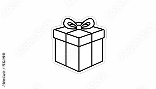 Simple Line Art Gift Box with Ribbon and Bow, Isolated on White Background
